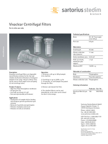 Sartorius Vivaclear Centrifugal Filters.