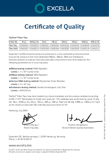 Certificate of Quality（Excella® フィルターチップ）