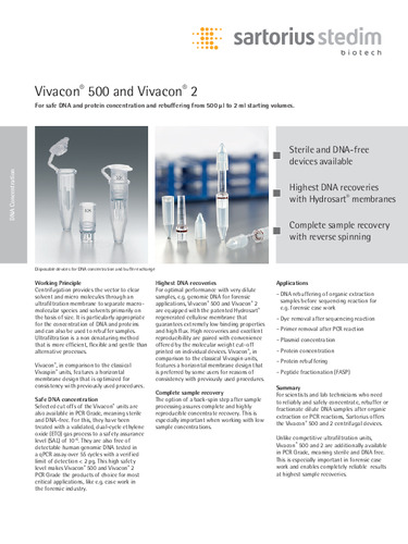 Sartorius Vivacon® 500 and Vivacon® 2：For safe DNA and protein concentration and rebuffering from 500 μl to 2 ml starting volumes.