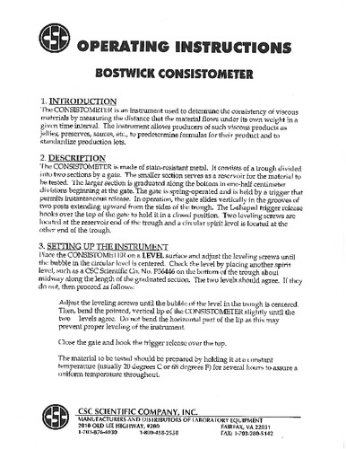 CSC Scientific：Operating Instructions BOSTWICK CONSISTOMETER