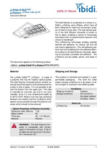μ-Slide 8 Well high μ-Pattern ibiTreat, lin20, pit170 Instruction Manual