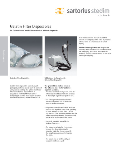 Sartorius Gelatin Filter Disposables for Quantification and Differentiation of Airborne Organisms