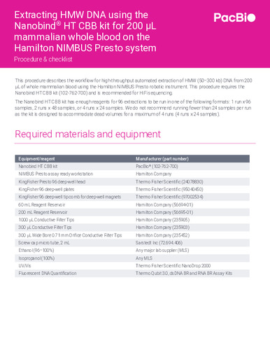 NanobindHT HMW DNA extraction –200 µL whole blood –Hamilton NIMBUS Presto