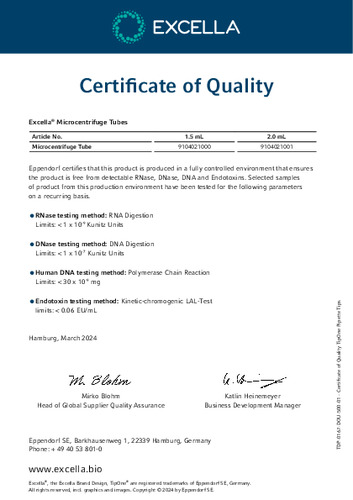 Certificate of Quality（Excella® マイクロチューブ ）