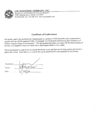 Certificate of Conformanceの例：Bostwick Consistometer