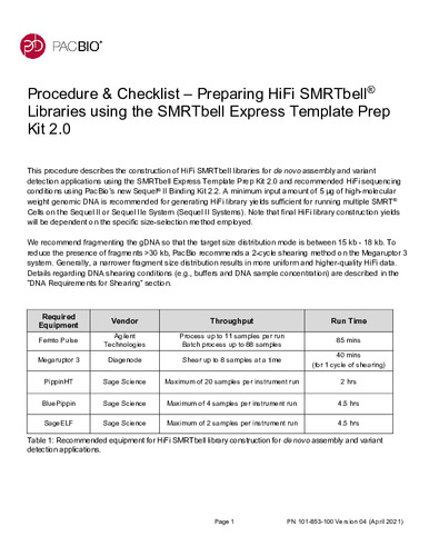 Procedure & Checklist – Preparing HiFi SMRTbell® Libraries using the SMRTbell Express Template Prep Kit 2.0